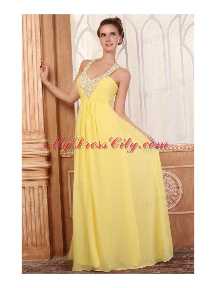 Halter Top Neck Empire Chiffon Yellow Prom Dress with Beading