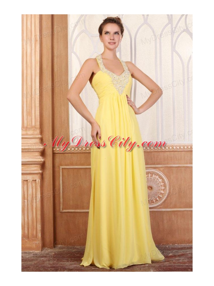 Halter Top Neck Empire Chiffon Yellow Prom Dress with Beading