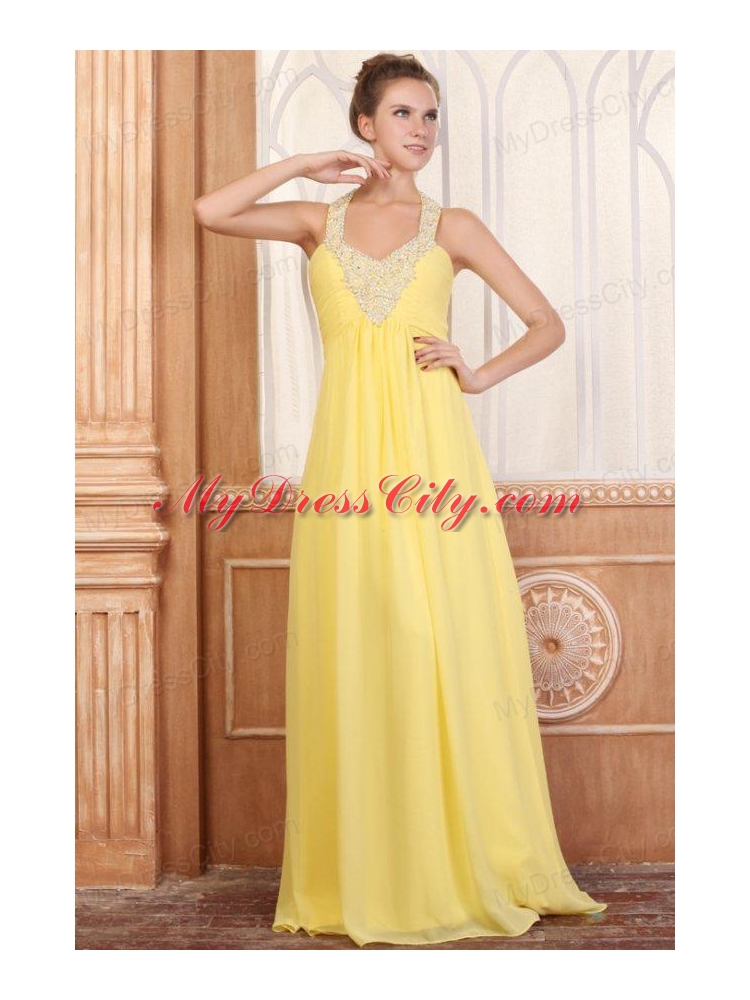 Halter Top Neck Empire Chiffon Yellow Prom Dress with Beading