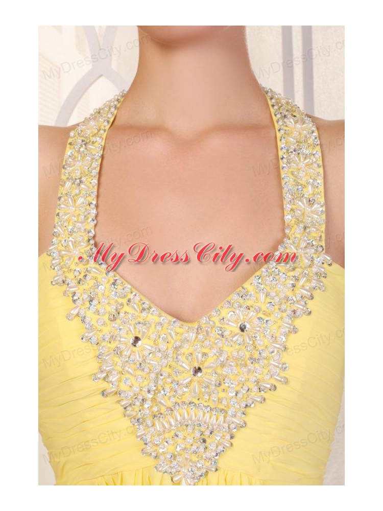 Halter Top Neck Empire Chiffon Yellow Prom Dress with Beading