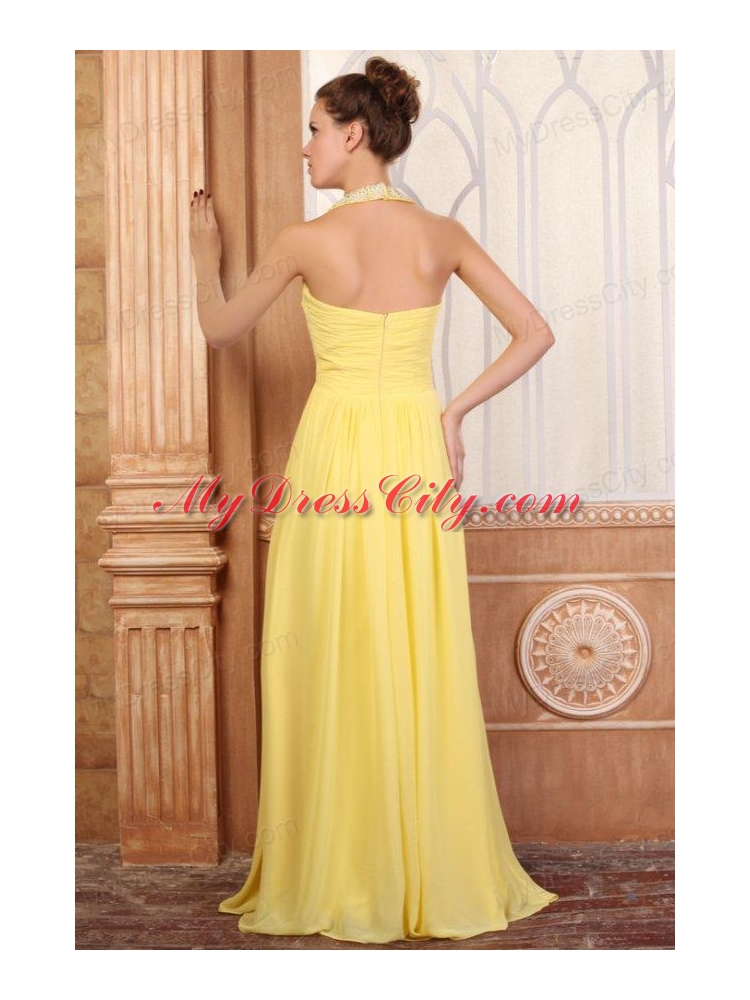 Halter Top Neck Empire Chiffon Yellow Prom Dress with Beading