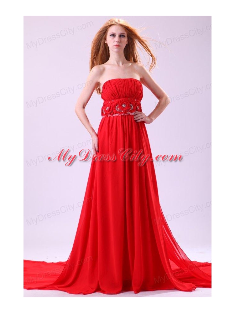 Informal Empire Strapless Chiffon Hand Made Flowers Brush Train Red Prom Dress