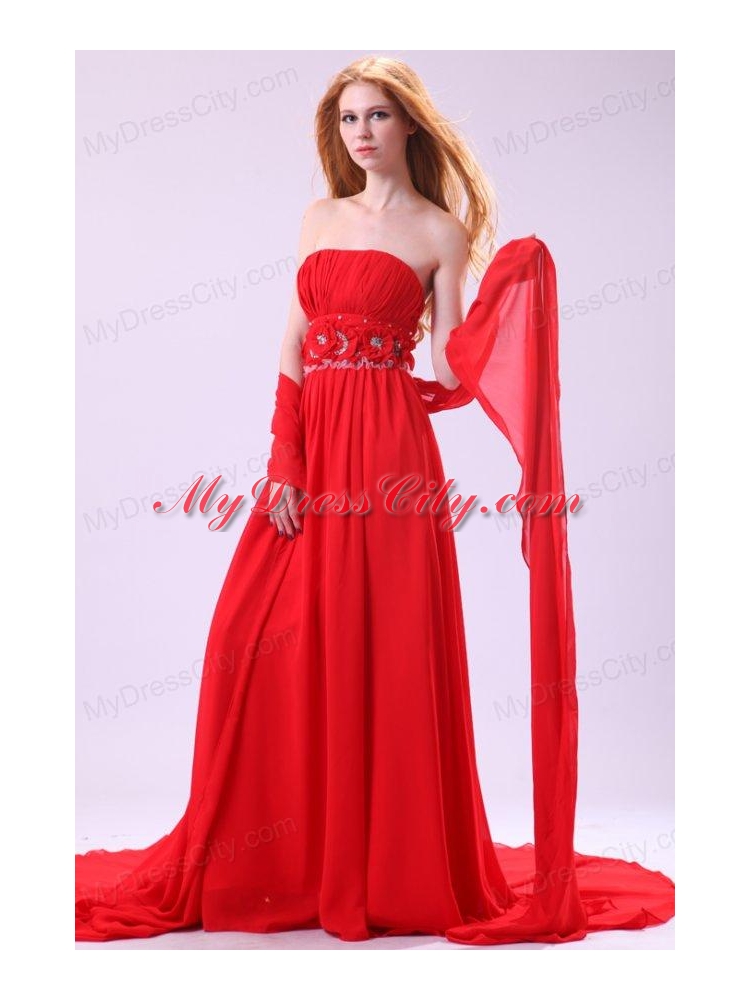 Informal Empire Strapless Chiffon Hand Made Flowers Brush Train Red Prom Dress