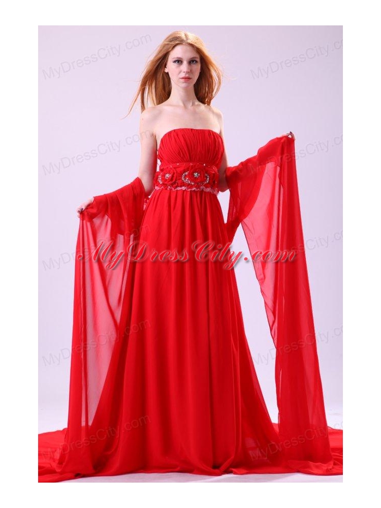 Informal Empire Strapless Chiffon Hand Made Flowers Brush Train Red Prom Dress