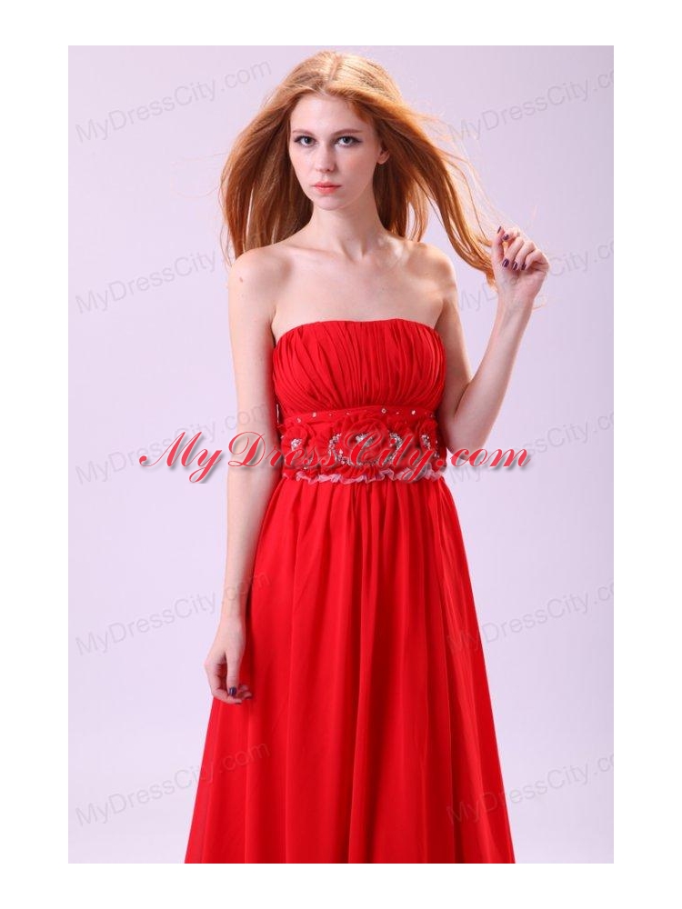 Informal Empire Strapless Chiffon Hand Made Flowers Brush Train Red Prom Dress