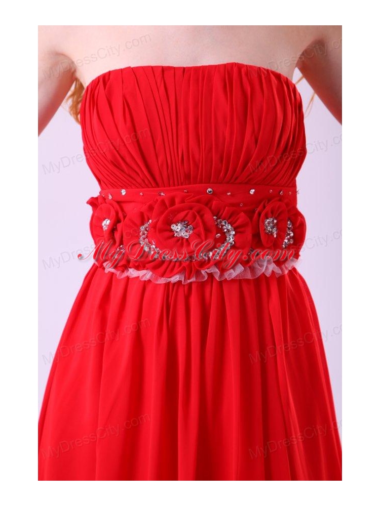 Informal Empire Strapless Chiffon Hand Made Flowers Brush Train Red Prom Dress