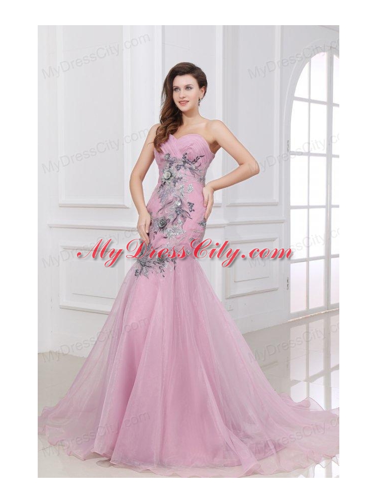 Mermaid One Shoulder Rose Pink Appliques Ruching Organza Long Prom Dress