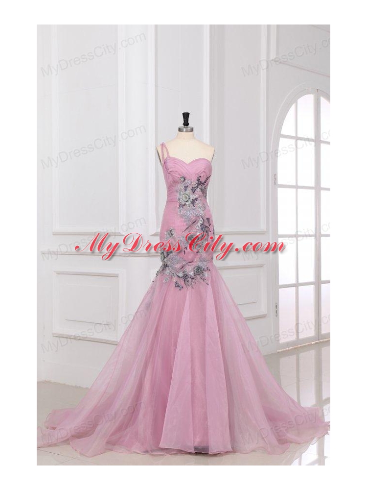 Mermaid One Shoulder Rose Pink Appliques Ruching Organza Long Prom Dress