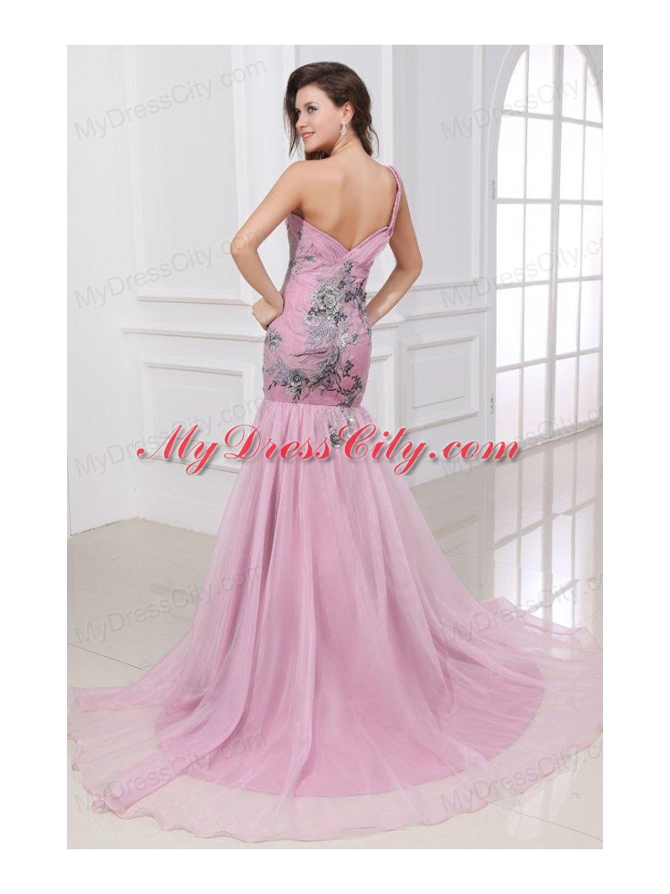 Mermaid One Shoulder Rose Pink Appliques Ruching Organza Long Prom Dress