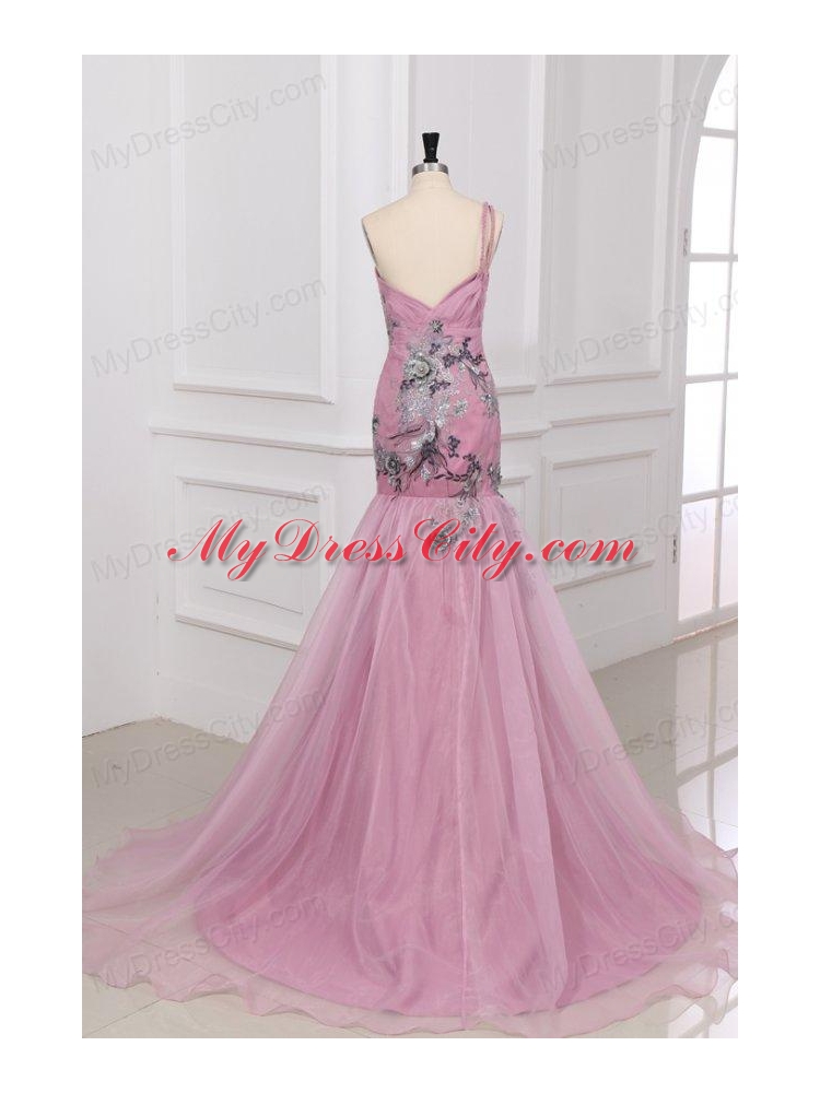 Mermaid One Shoulder Rose Pink Appliques Ruching Organza Long Prom Dress