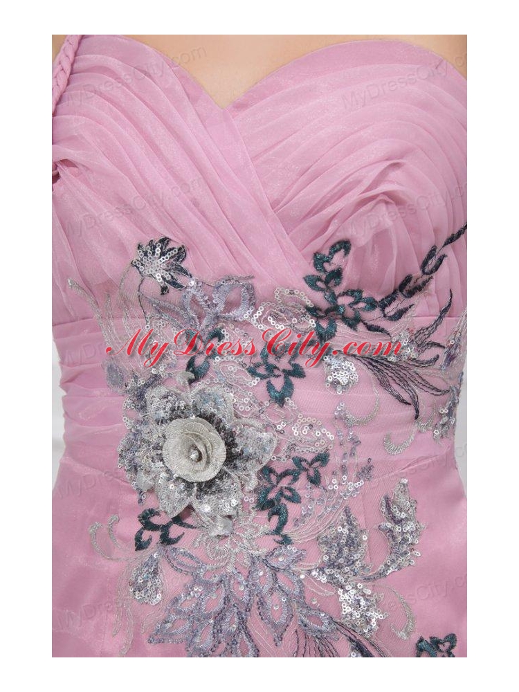 Mermaid One Shoulder Rose Pink Appliques Ruching Organza Long Prom Dress