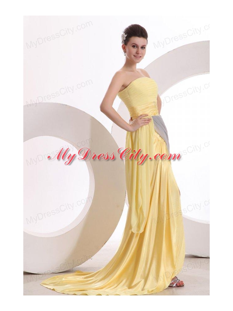 New Column Strapless Ruching Yellow Chiffon Prom Dress with Brush Train