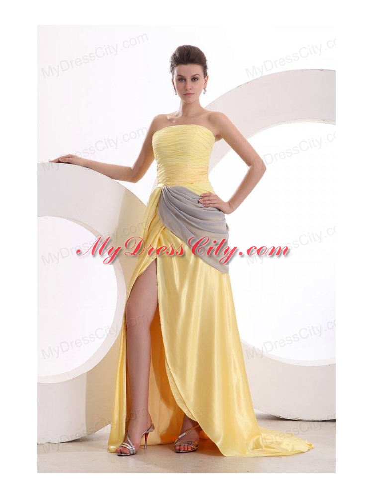 New Column Strapless Ruching Yellow Chiffon Prom Dress with Brush Train