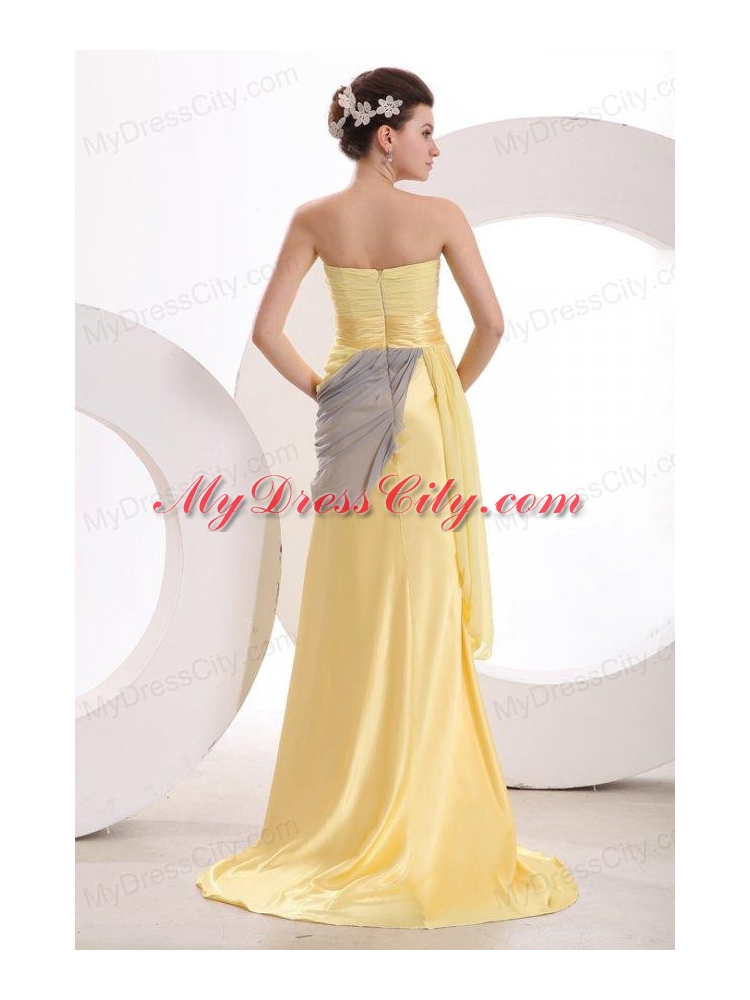 New Column Strapless Ruching Yellow Chiffon Prom Dress with Brush Train