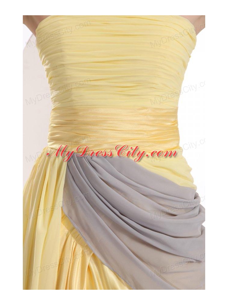 New Column Strapless Ruching Yellow Chiffon Prom Dress with Brush Train