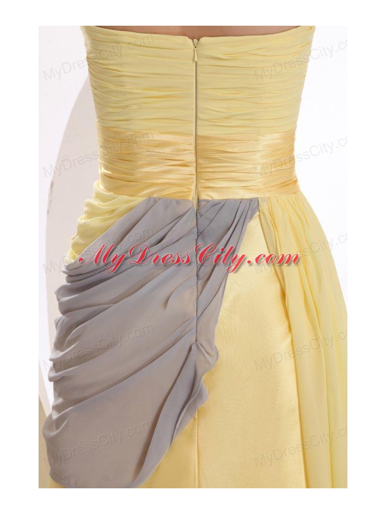 New Column Strapless Ruching Yellow Chiffon Prom Dress with Brush Train