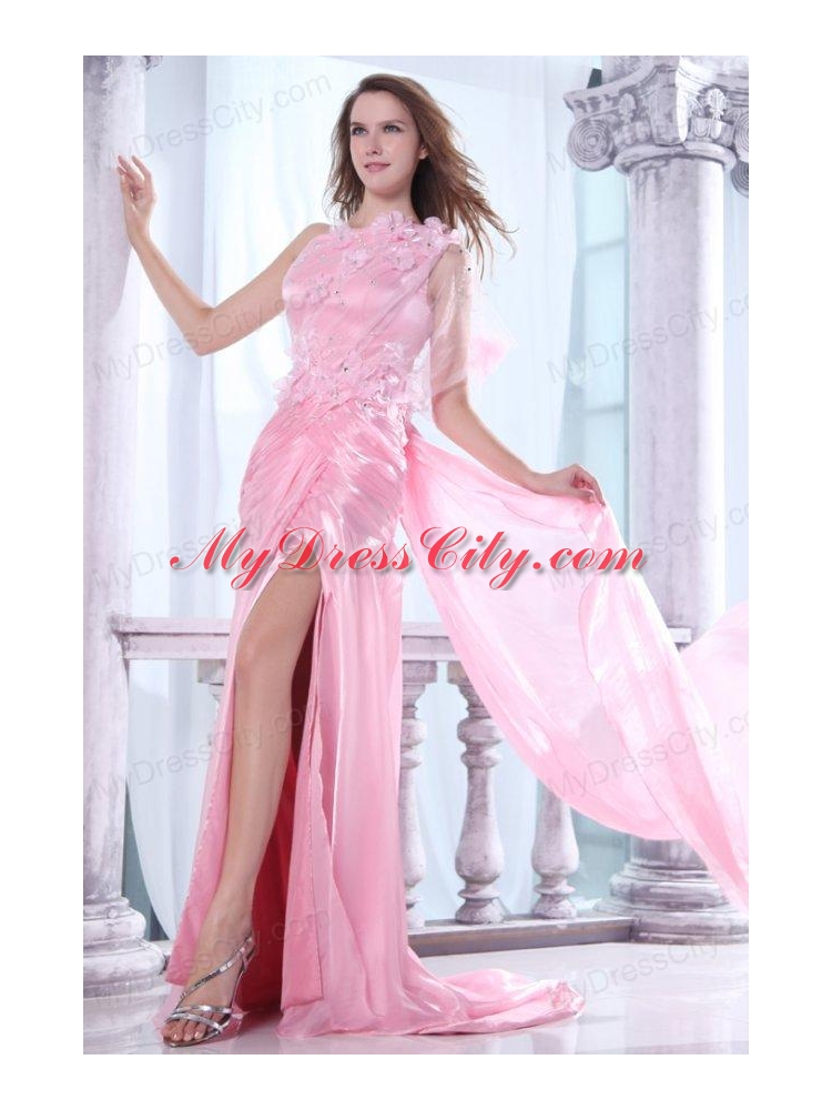 One Shoulder Column Flower and Beading Prom Dress in Baby Pink