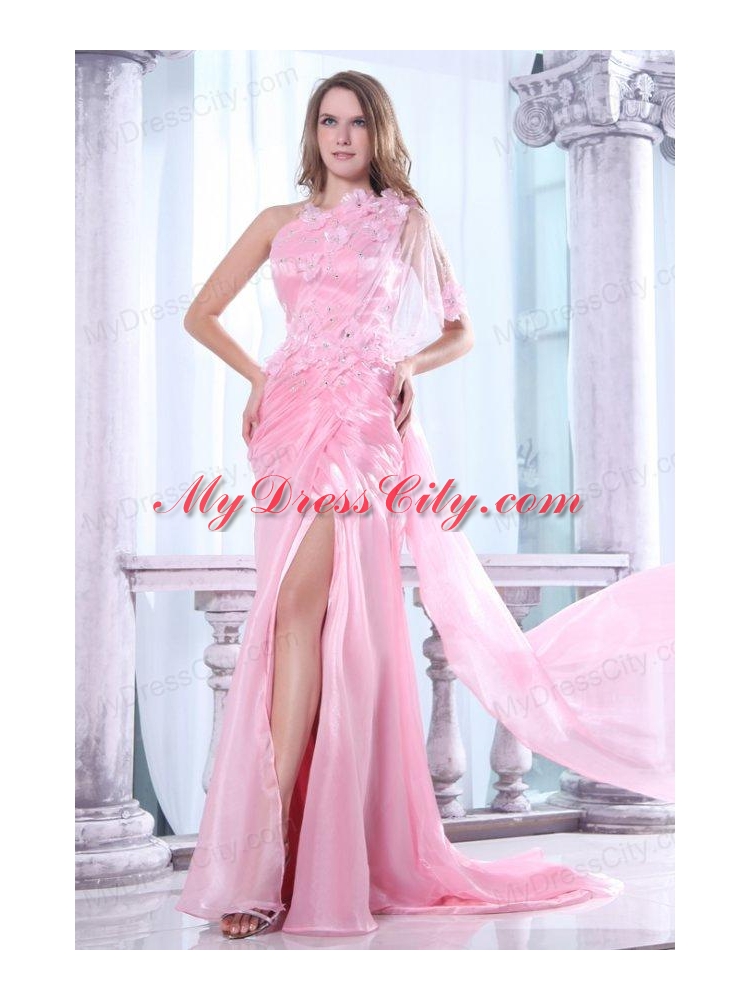 One Shoulder Column Flower and Beading Prom Dress in Baby Pink