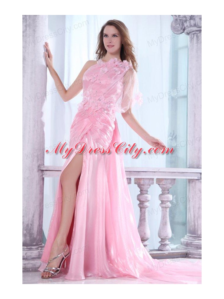 One Shoulder Column Flower and Beading Prom Dress in Baby Pink