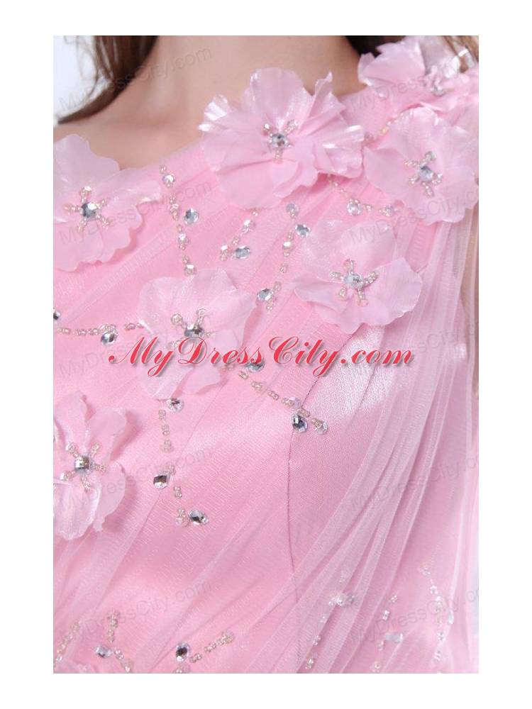 One Shoulder Column Flower and Beading Prom Dress in Baby Pink