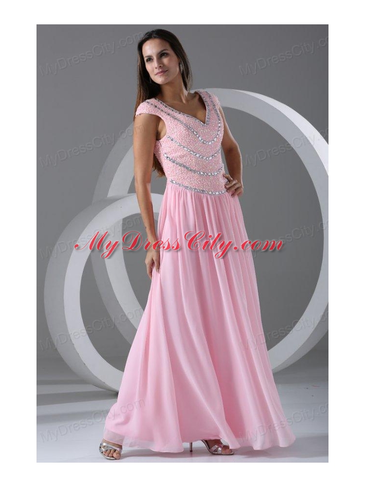 Pink Empire V-neck Cap Sleeves Prom Dress with Beading