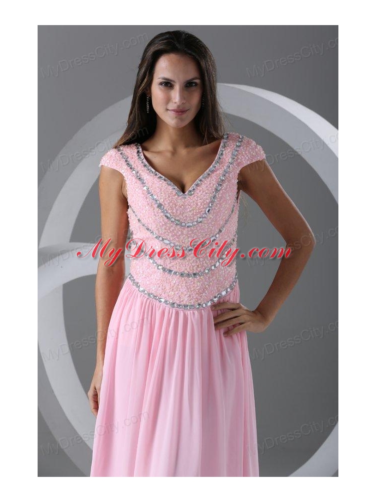 Pink Empire V-neck Cap Sleeves Prom Dress with Beading