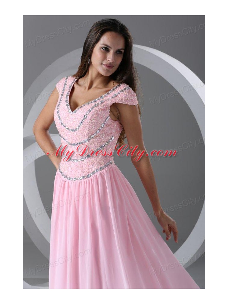 Pink Empire V-neck Cap Sleeves Prom Dress with Beading