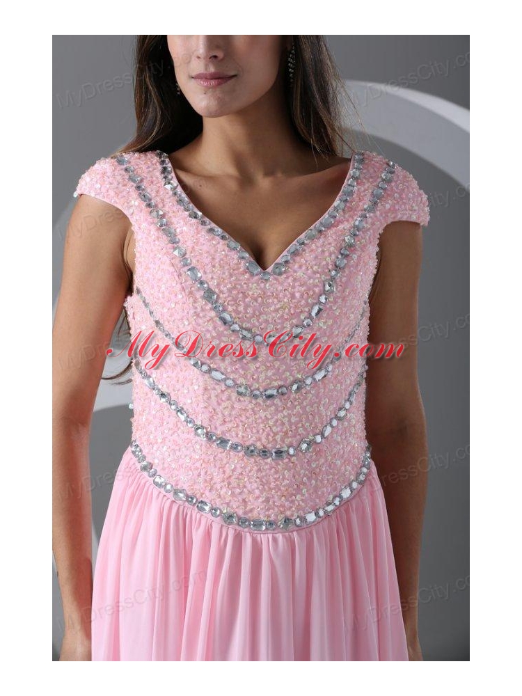 Pink Empire V-neck Cap Sleeves Prom Dress with Beading