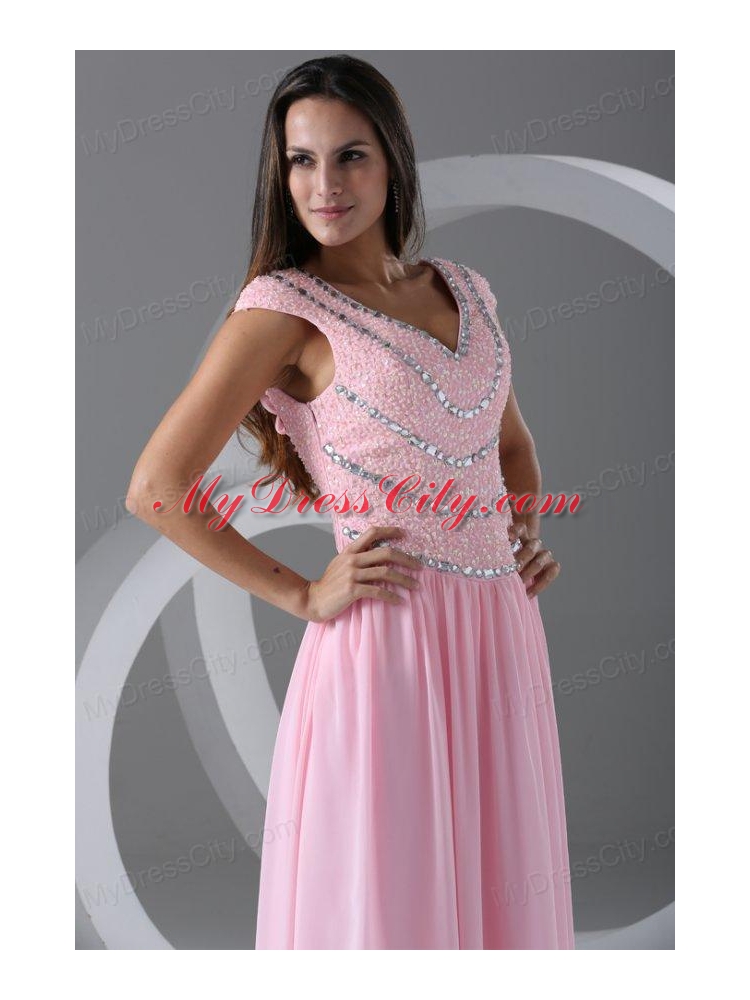 Pink Empire V-neck Cap Sleeves Prom Dress with Beading