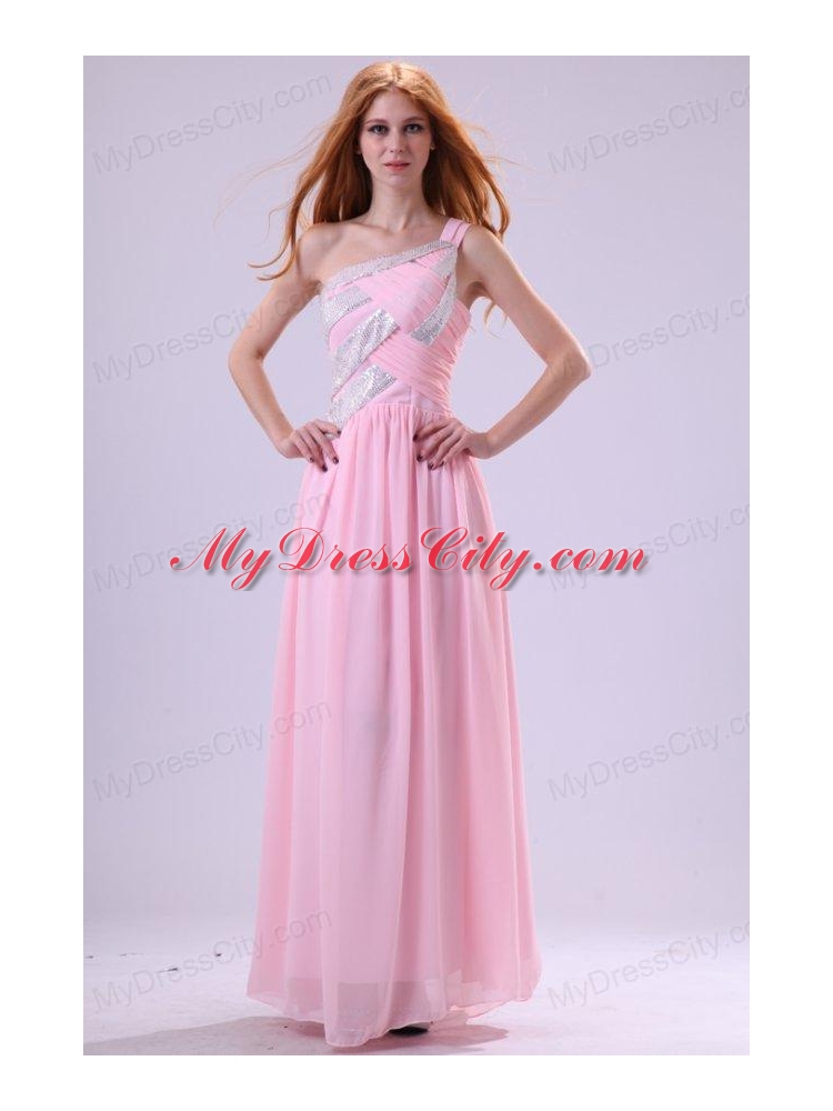 Pretty Empire One Shoulder Floor-length Pink Beading Chiffon Prom Dress