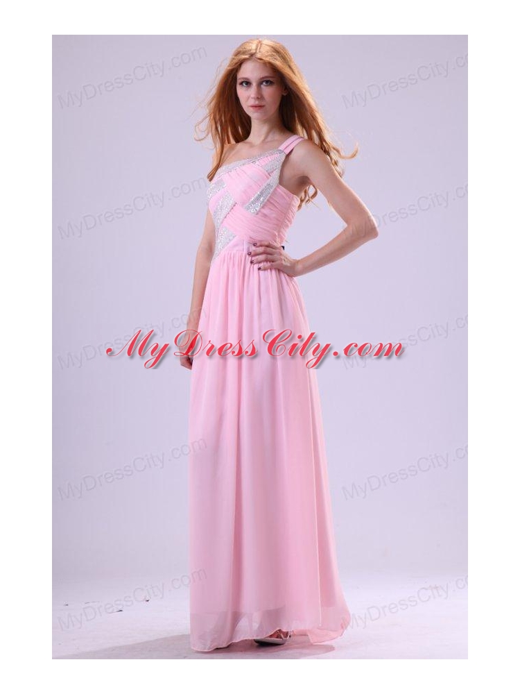 Pretty Empire One Shoulder Floor-length Pink Beading Chiffon Prom Dress