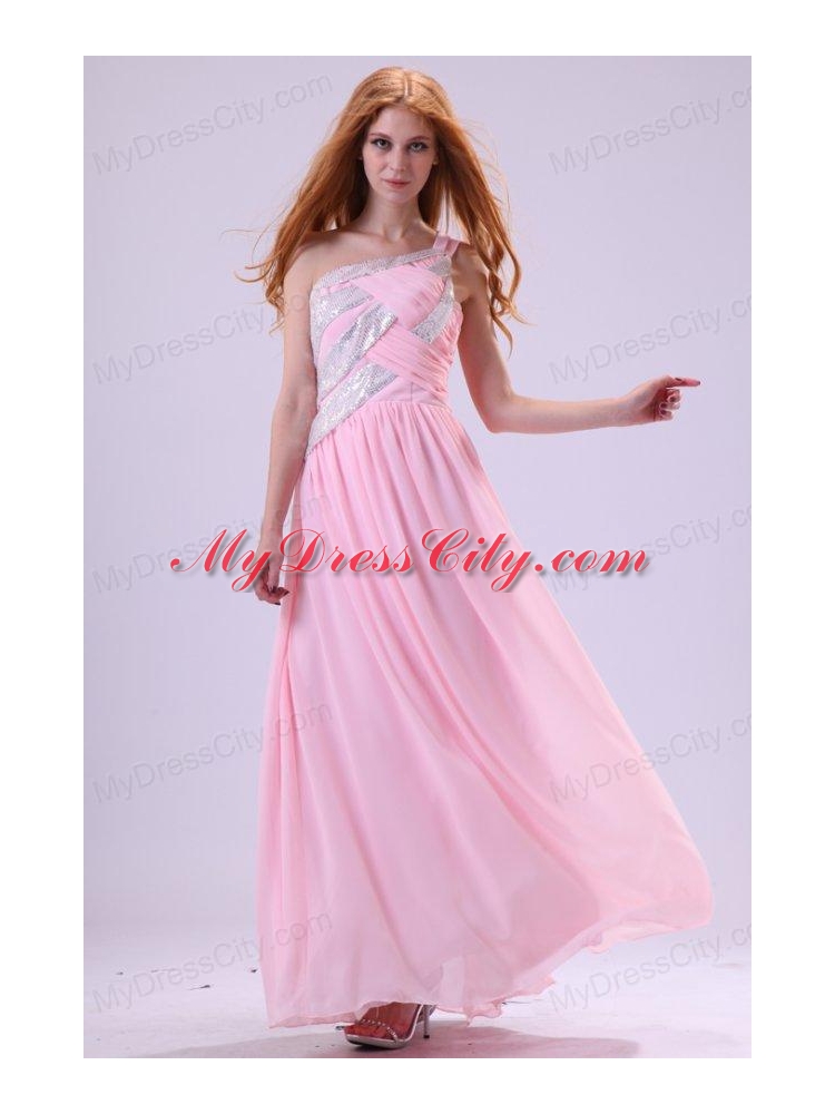 Pretty Empire One Shoulder Floor-length Pink Beading Chiffon Prom Dress