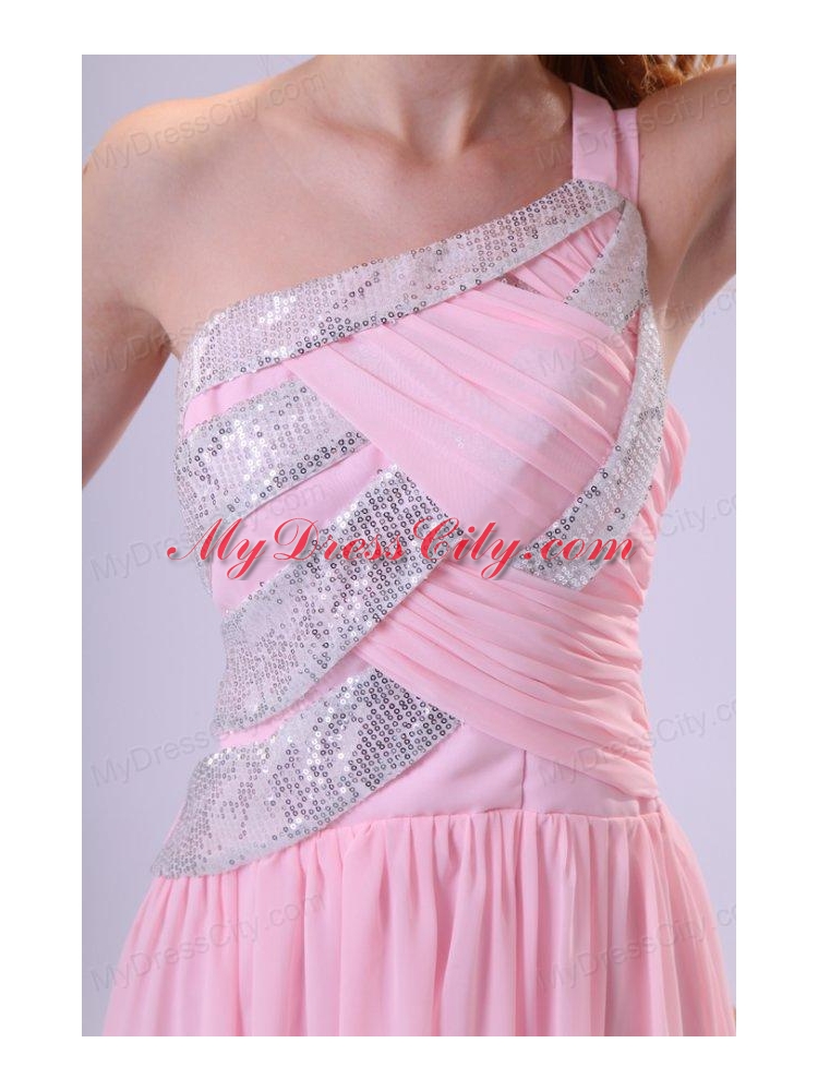 Pretty Empire One Shoulder Floor-length Pink Beading Chiffon Prom Dress