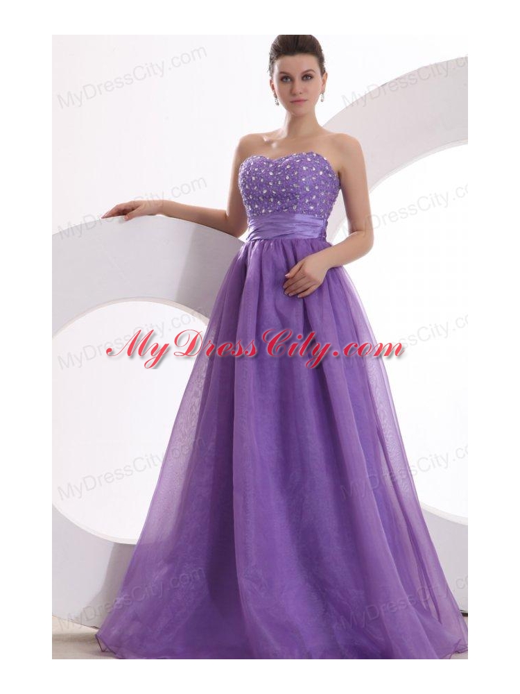 Princes Sweetheart Organza Purple Lace Up Floor-length Prom Dress with Beading