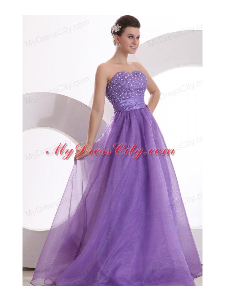 Princes Sweetheart Organza Purple Lace Up Floor-length Prom Dress with Beading