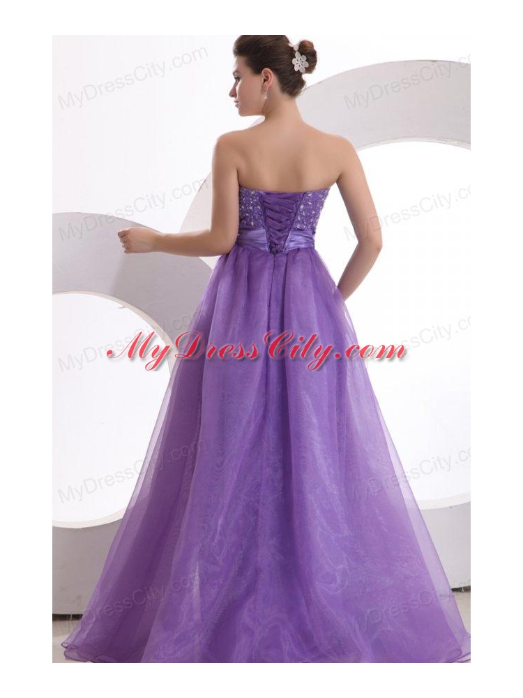 Princes Sweetheart Organza Purple Lace Up Floor-length Prom Dress with Beading