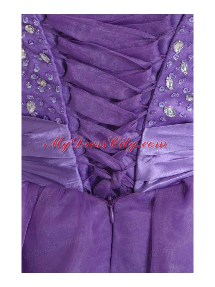 Princes Sweetheart Organza Purple Lace Up Floor-length Prom Dress with Beading