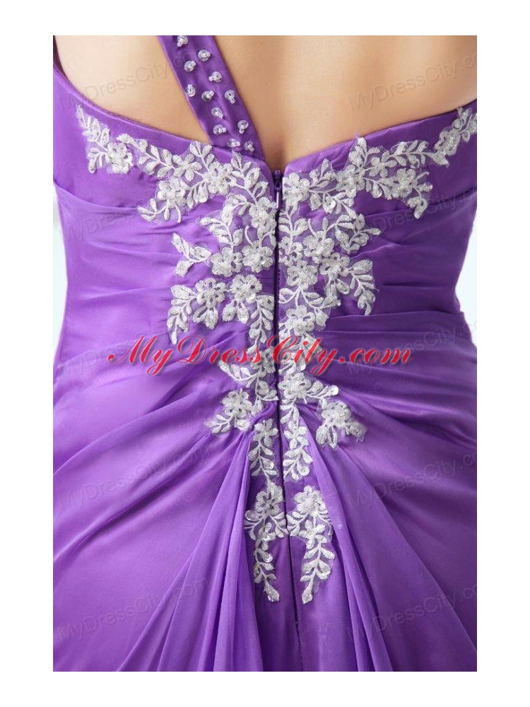 Purple Empire One Shoulder Brush Train Chiffon Appliques 2014 Prom Dress