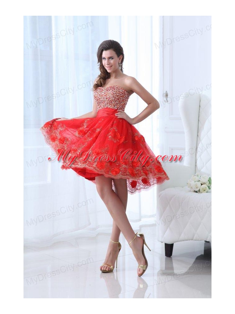 Red A-line Sweetheart Knee-length Tulle Prom Dress with Beading and Hand Made Flowers