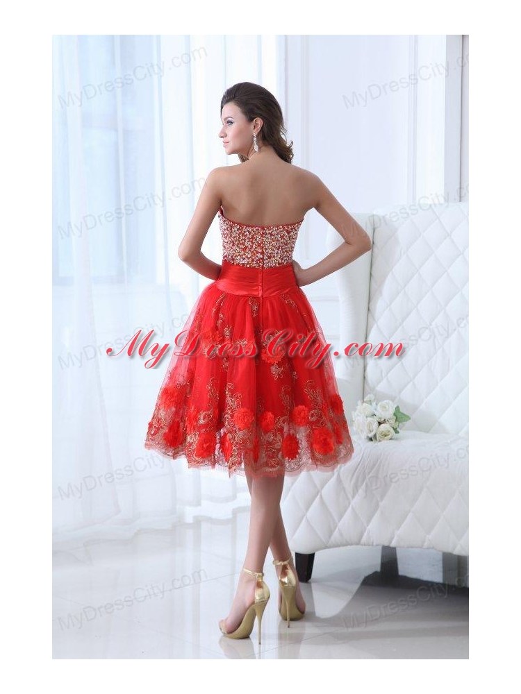 Red A-line Sweetheart Knee-length Tulle Prom Dress with Beading and Hand Made Flowers