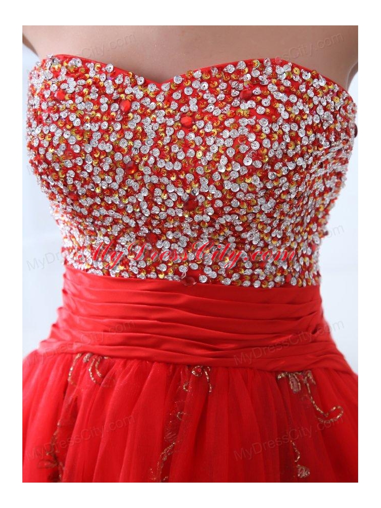 Red A-line Sweetheart Knee-length Tulle Prom Dress with Beading and Hand Made Flowers