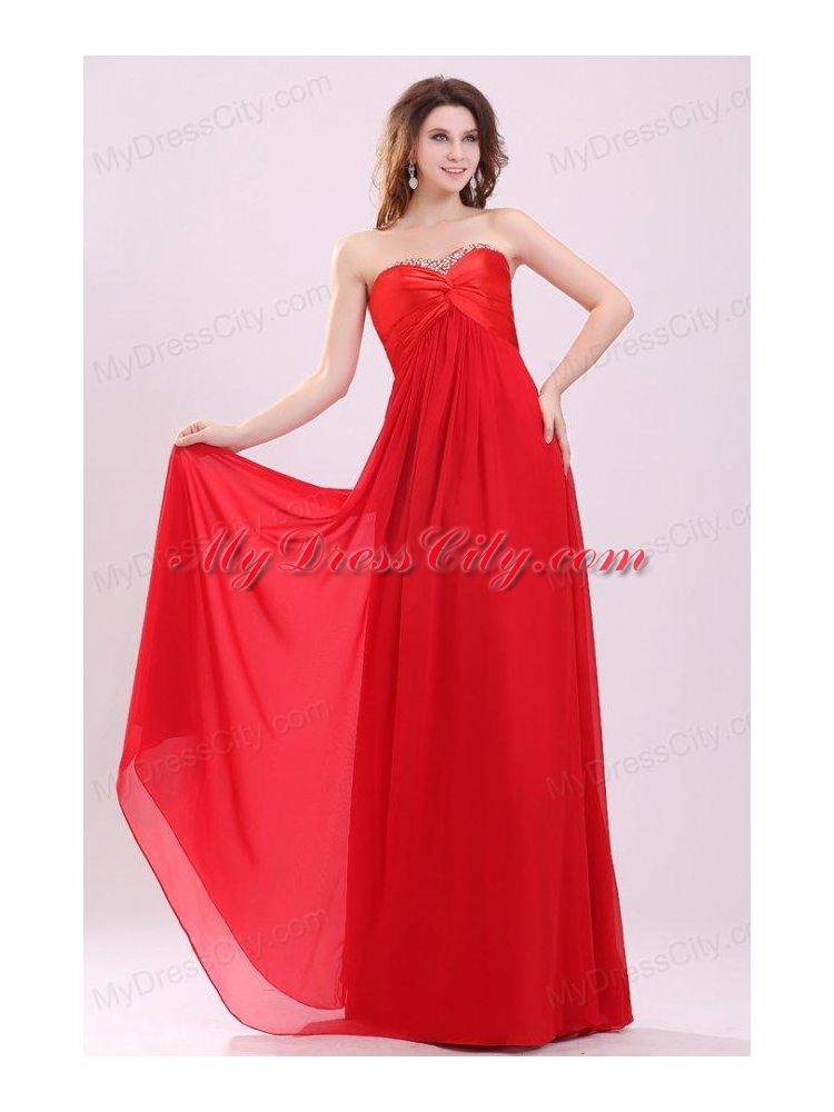 Red Empire Sweetheart Beading Floor length Chiffon Prom Dress