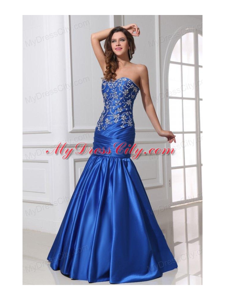 Sexy Mermaid Sweetheart Floor-length Blue Taffeta Prom Dress with Beading