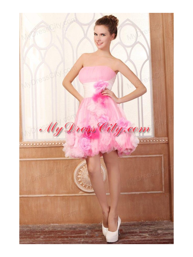 Strapless Short Hand Made Flowers Mini-length Pink Prom Dress