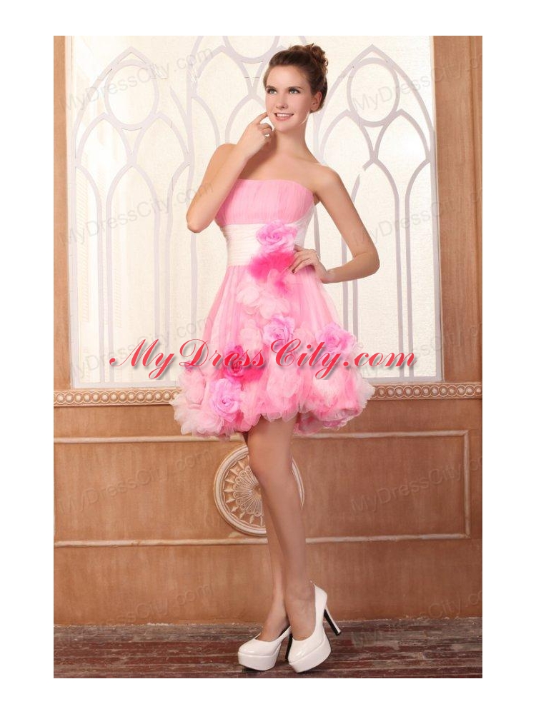 Strapless Short Hand Made Flowers Mini-length Pink Prom Dress