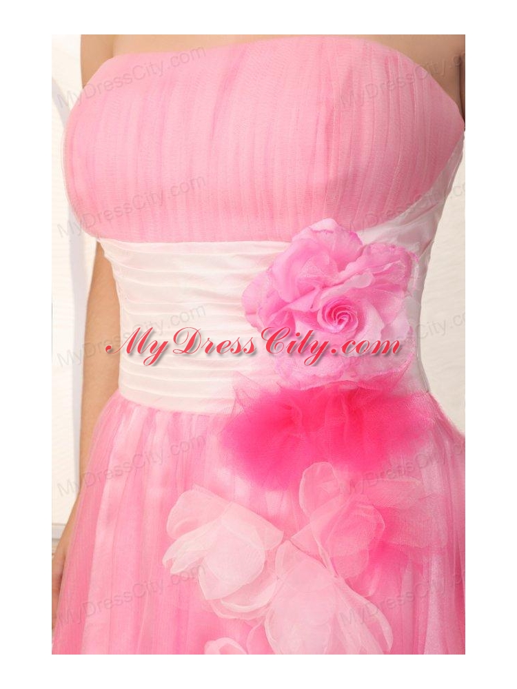 Strapless Short Hand Made Flowers Mini-length Pink Prom Dress