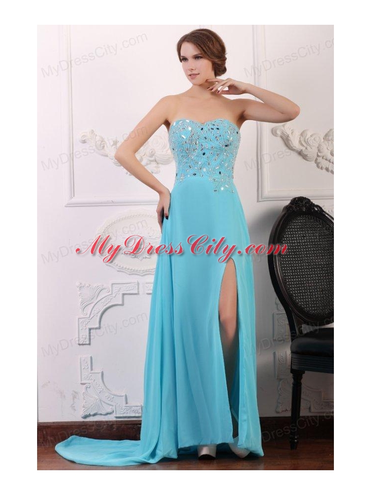 Sweetheart Beading and High Silt Chiffon Aqua Blue Prom Dress