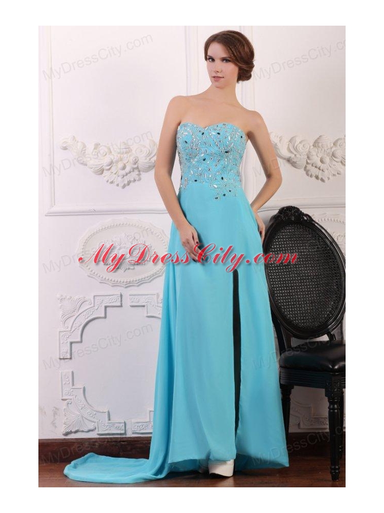 Sweetheart Beading and High Silt Chiffon Aqua Blue Prom Dress