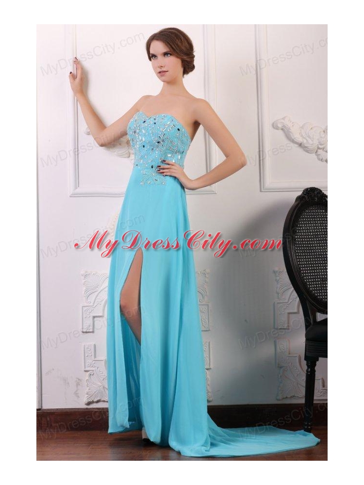 Sweetheart Beading and High Silt Chiffon Aqua Blue Prom Dress