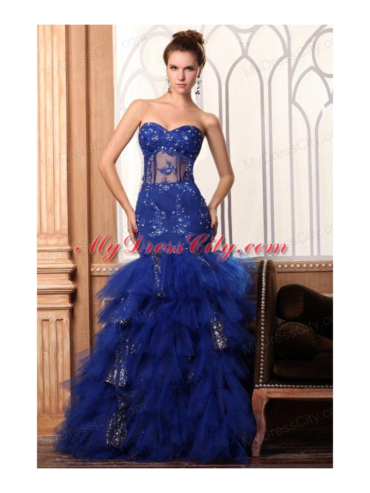 Sweetheart Mermaid Appliques and Ruffles Layered Prom Dress in Blue